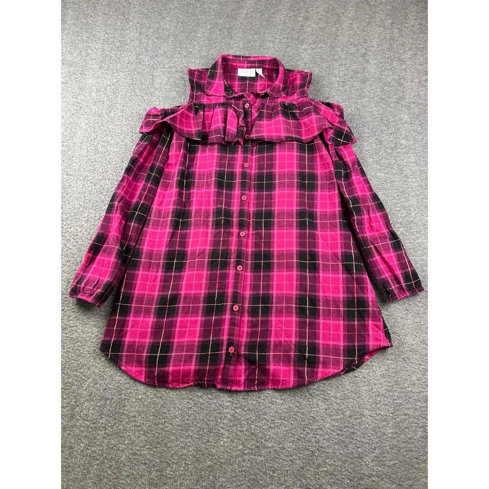 Childrens Place‎ Pink and Black Plaid Cold Shoulder Button Up Shirt Size 14